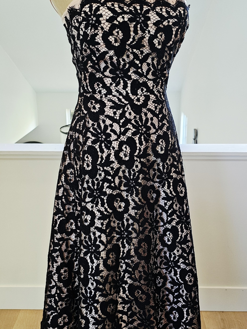 Tessuto Strapless Black Lace Dress with Pink  Underlay Size 4